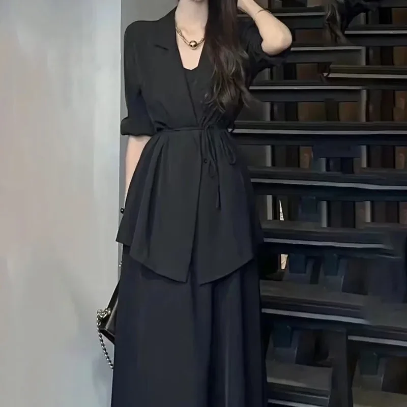 

Женская рабочая одежда, весенне-осенняя офисная женская изящная однотонная блейзерка с джокером, платье на бретельках, комплект из двух предметов, свободное бандажное пальто, платья