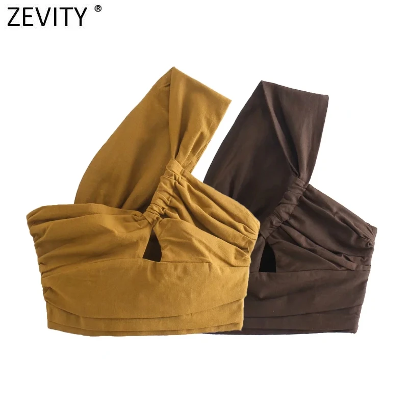 Zevity Women Sexy Two Color Single Shoulder Knotted Linen Smock Blouse Lady Chic Pleat Side Zipper Crop Shirt Blusas Tops LS9969