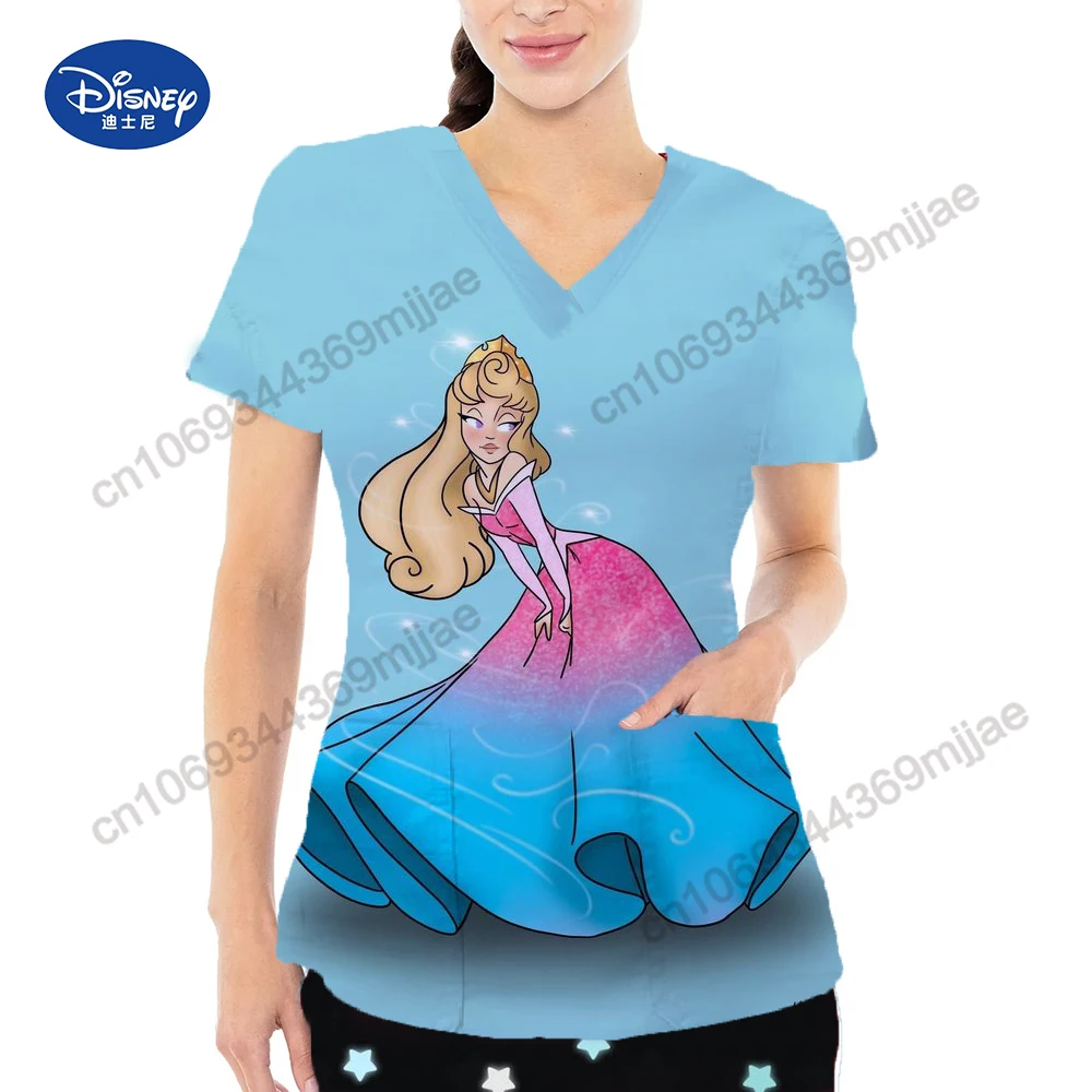 New Disney Cartoon pattern Double Pocket V-Neck Y2k Design Style Clothes Comfortable Women's T-shirts Summer Tops Womens Clothes