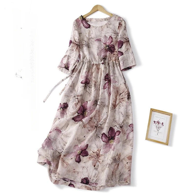 Vintage Style Linen Dress with Waist Drawstring and Floral Print Short Sleeve O-Neck Dresses Summer Clothing for Women CY238