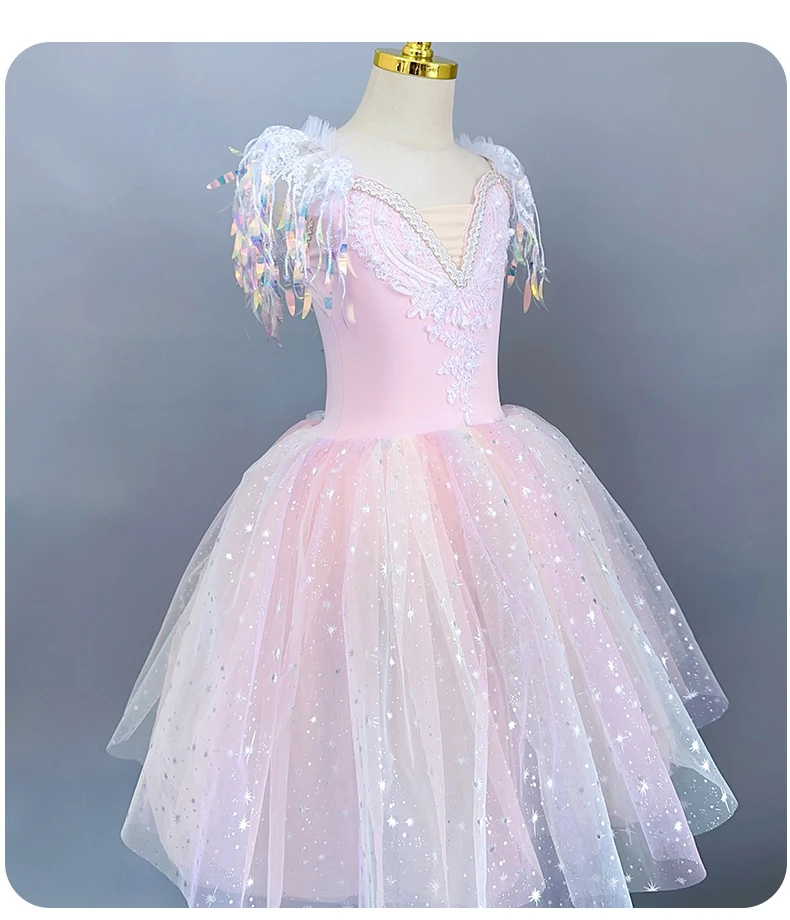 Bambini romantico lungo vestito da balletto ragazze bambini paillettes nappa moderna danza Tutu vestito Stage Wear balletto principessa vestito