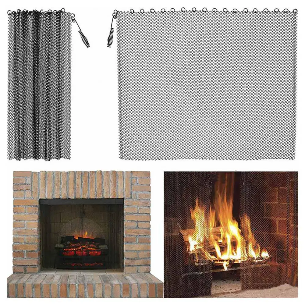 

Fireplace Curtain 1 Set Durable Draped Cut-out Vintage Fireplace Mesh Screen Curtain for Home