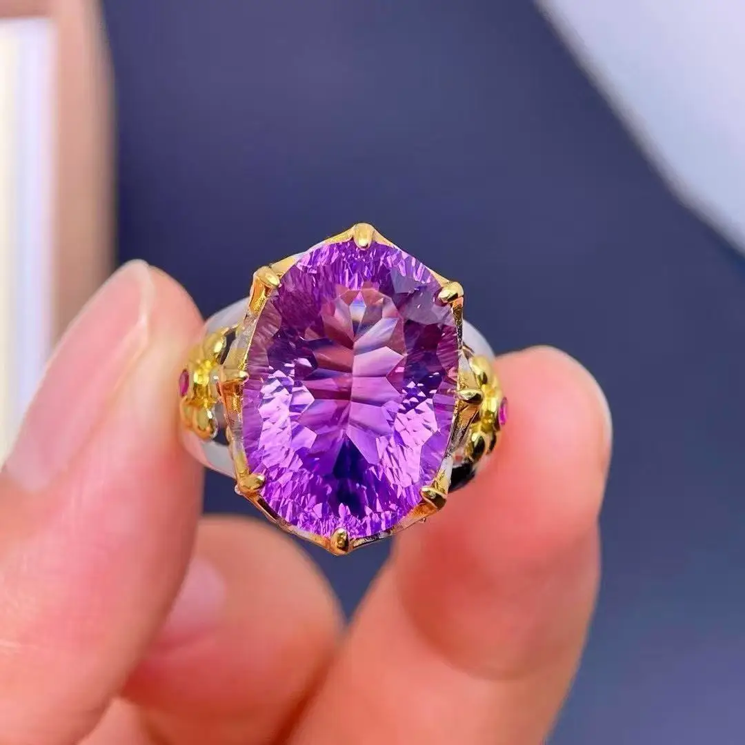Natural Oval Amethyst Ring Two-Tone Gold Plated S925 Silver Hollow Hand Carved Band Women Sparkling Cocktail Jewelry