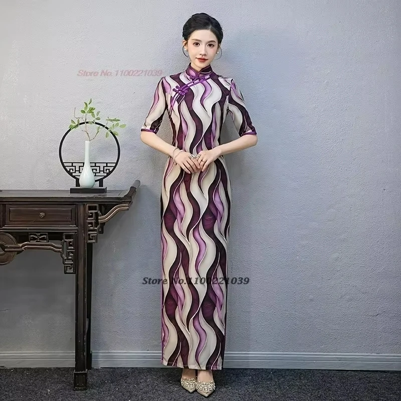 

2025 national flower print formal dress chinese improved party qipao stage performance cheongsam banquet evening dress qipao