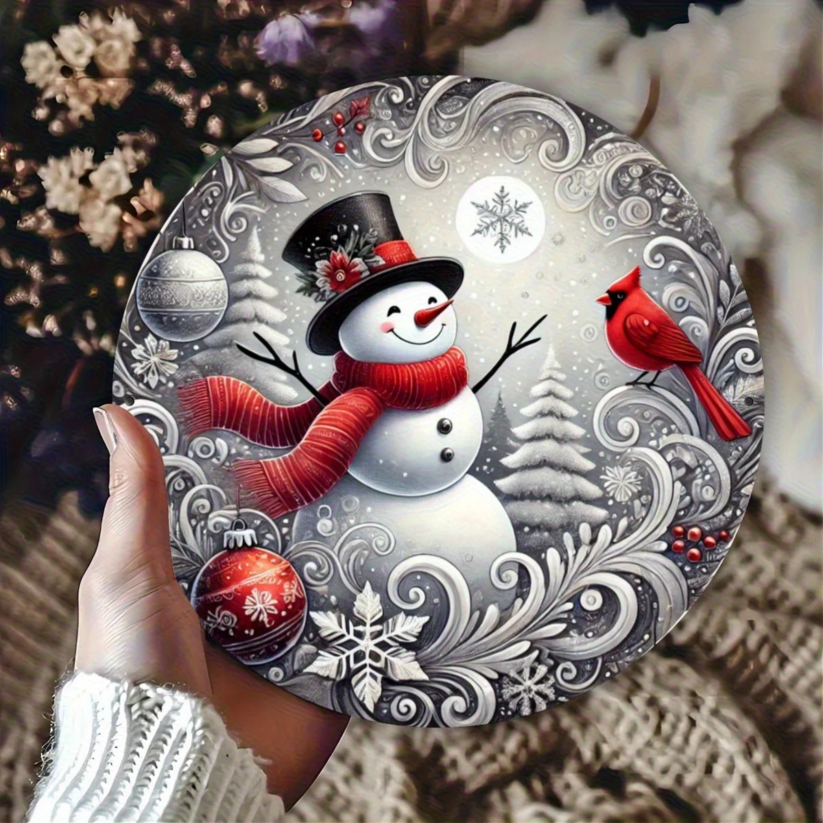 2D Flat, Single Piece, Retro Christmas And Easter Metal Wall Art - Snowman Wearing a Top Hat, Red Cardinal, Cardinal Berries - S