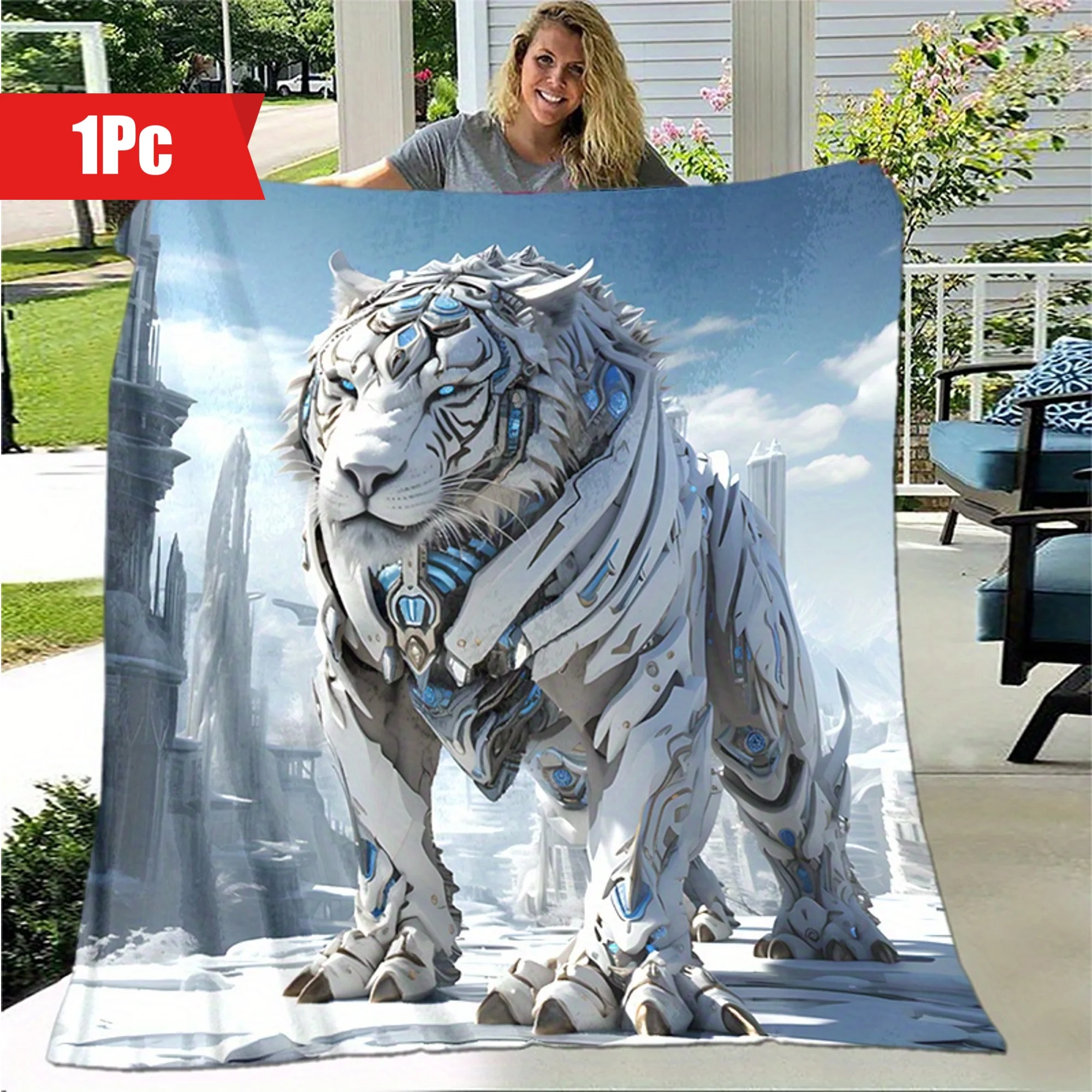 

[Cozy Tiger Blanket] 1pc Lightweight Soft Cozy Snow Mechanical Tiger Print Blanket - Digital Printing Fleece Blanket With Warm F
