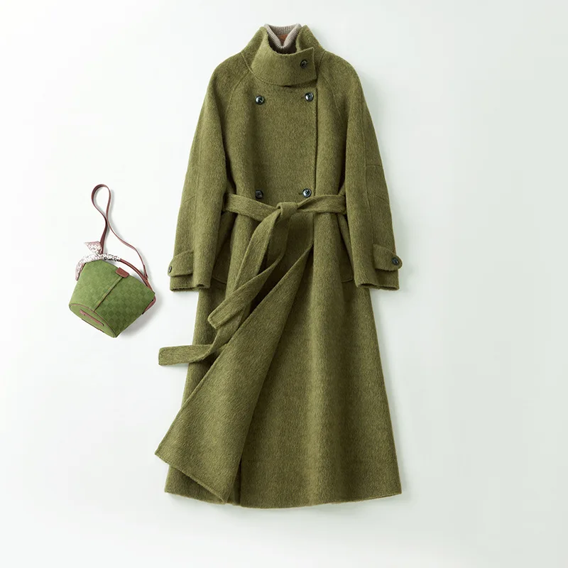 2026 Fashion Double-sided Wool Coat Women's Long Cashmere Overcoat Autumn Winter Stand-up Collar Sashes Female Woolen Outerwear