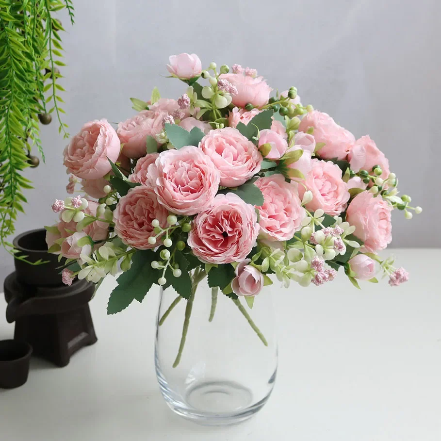 

Rose Pink Silk Peony Artificial Flowers Bouquet - 5 Big Heads & 4 Buds Faux Flowers for Bride, Fake Plants Roses, Wedding, Home,
