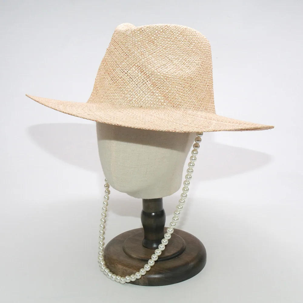 European Fashion Treasure Straw Hat for Women, Hand Woven Pearl Panama Fedora, Beach Vacation Sun Cap Export