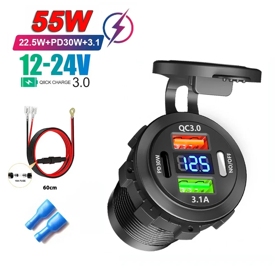 Autoladegerät PD+QC3.0 USB TYPE-C Ladegerät Wasserdichte Steckdose Netzteil Universal 12-24V für Motorrad LKW ATV Boot