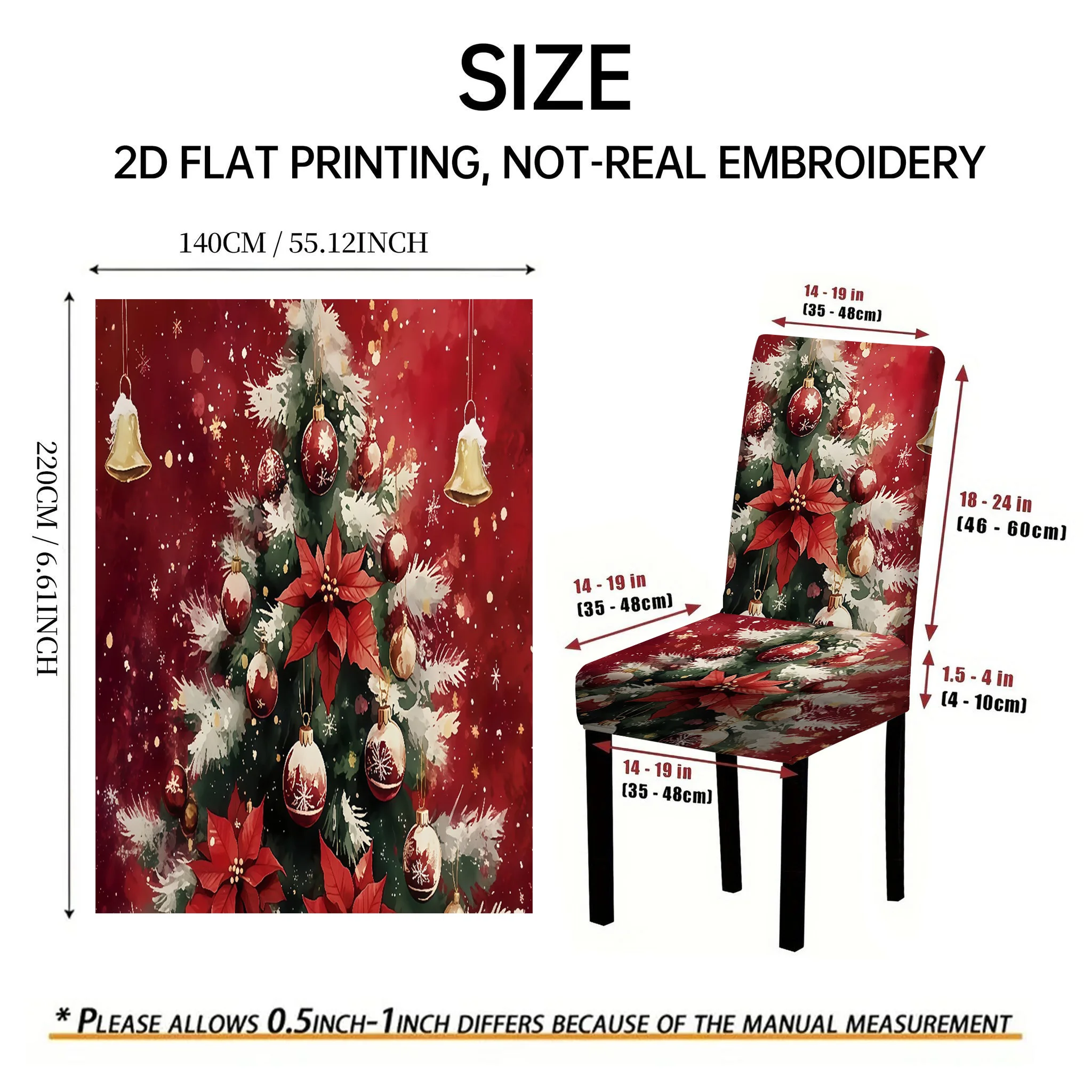 Christmas Tree Poinsettia Flowers Elastic Dining Chair Covers, 2/4/6 PCS 2D Flat Printed Christmas Party Decoration Chair Covers