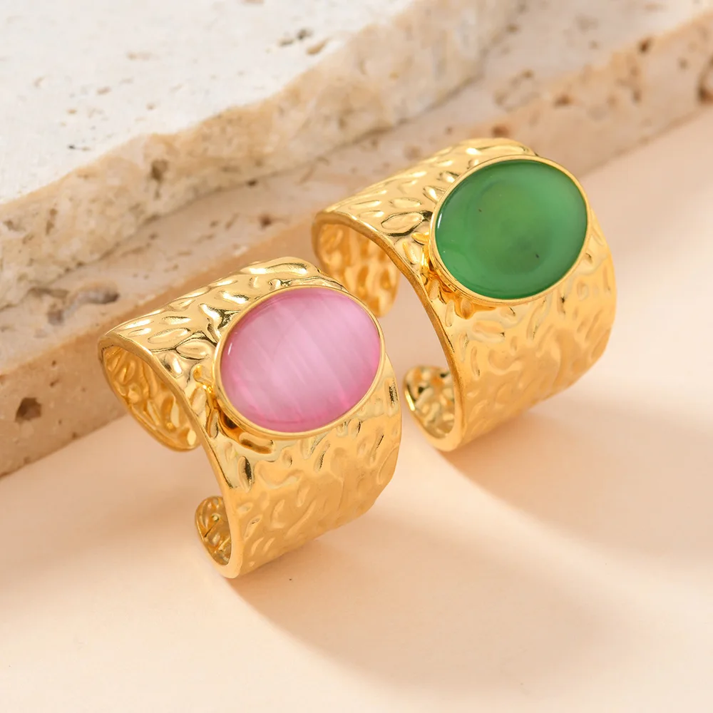 

10pcs 18K Gold Stainless Steel Green Green Pink Oval Cut Stone Adjustable Ring Simple Luxury Jewelry for Women