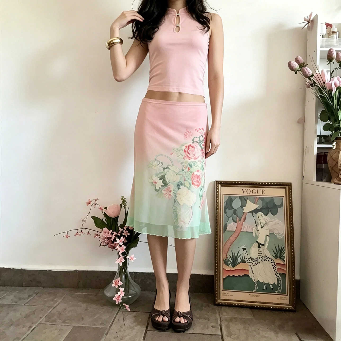 

Retro Chinese Style Half Skirt with Plant Print And Color Block Tulle Slimming Mid-Length Women's Fashion Summer Skirt