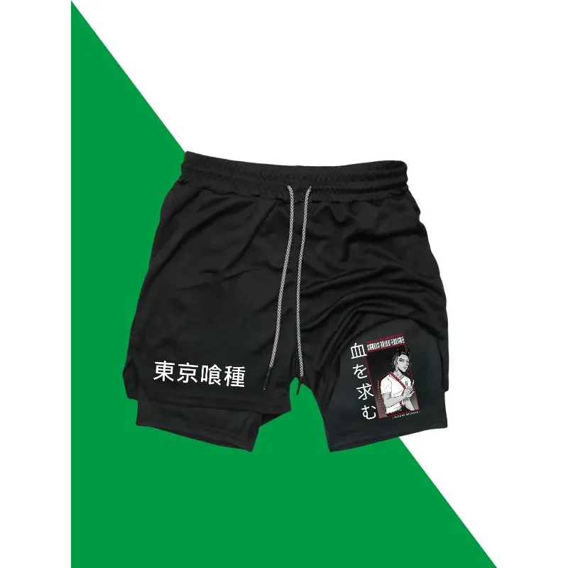 Tokyo Ghoul Print 2in1 Running Workout Shorts Men Gym Performance Compression Shorts with Phone Pocket Towel Athletic Activewear