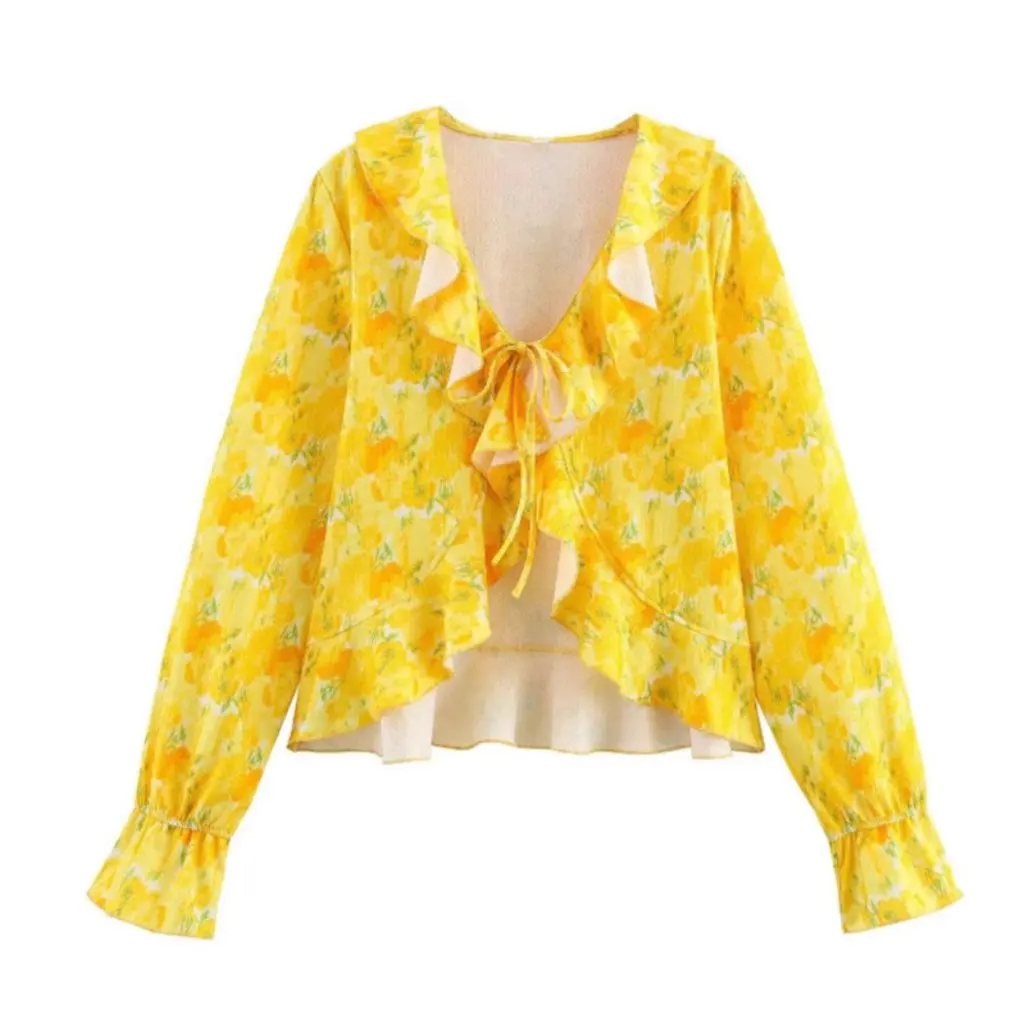 

Летний повседневный женский топ с длинными рукавами и v-образным вырезом, многослойная декоративная одежда для отдыха в европейском и американском стиле