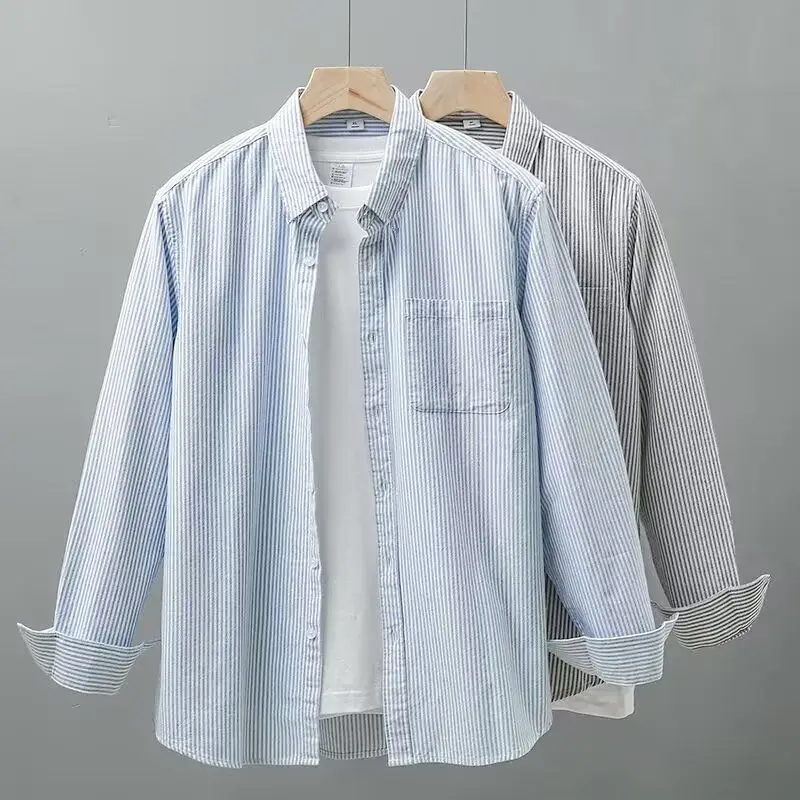 Casual Loose Men's Long Sleeve Shirt Summer New Style Simple Match Stripe Pattern Breathable Oxford Cloth Business Style Butt...