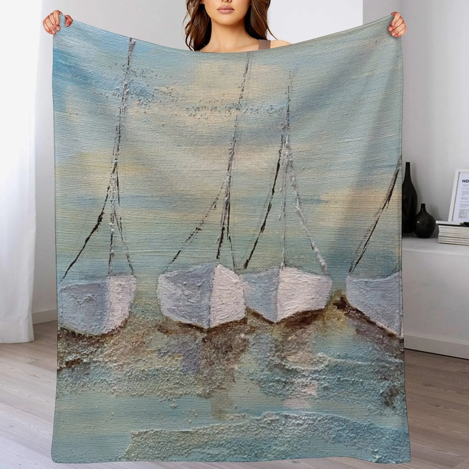 Sailboats in the harbor Throw Blanket Stylish Decor Blanket Gift for Friends Roommate
