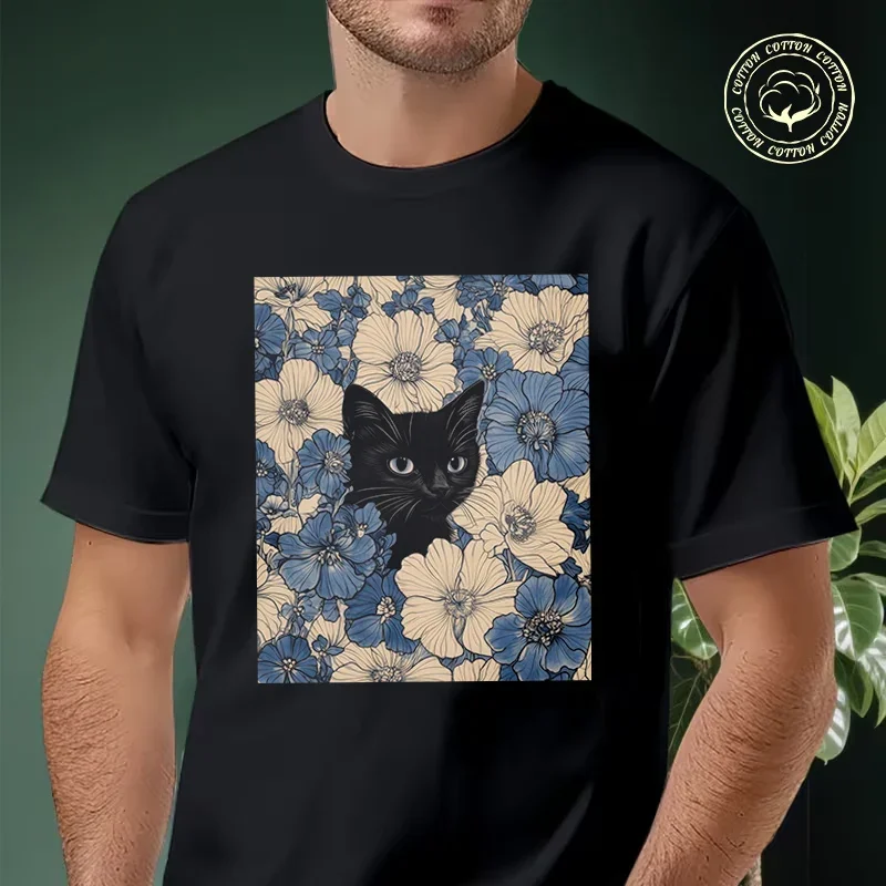 

Motorcycle Cat In The Flowers Cat And Flowers Pattern Print T-Shirt Men Hip Hop Streetwear Unisex Casual Short Sleeve Tops
