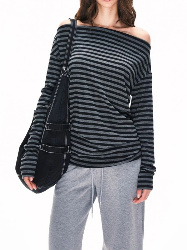 Y2k Aesthetics Stripes Slash Neck Tops Women Harajuku Casual Streetwear T-shirt Vintage Long Sleeve Simple Shirts Grunge E-girls