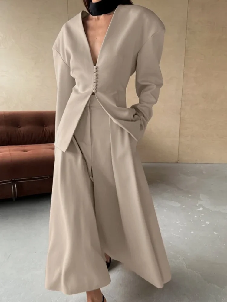 

New Commuter 2 Piece-Set Long Skirt For Women V-Neck Long Sleeve Tapered Waist Suit Top Folds Maxi Dress Sets Women's Outfits