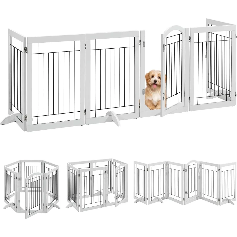 

32-inch Tall Dog Gate with Door Extra Wide Pet Gate for Dogs, Foldable Wire & Wooden Puppy Safety Fence w/3 Support Feet,Freest