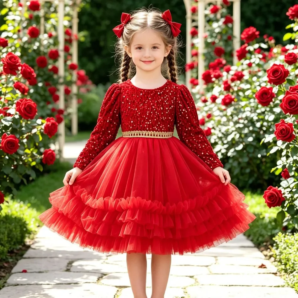 Girls Red Sequin Princess Dress Long Sleeve Ruffle Tulle Tutu Gown Kids Elegant Birthday Piano Recital Party Evening Dress ZD36