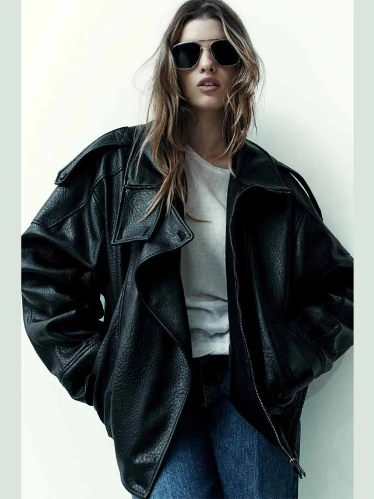 MCDV خمر الشارع بولي Leather الجلود Bomber سترة المرأة الصلبة فضفاض الوقوف طوق سستة جيب معطف 2025 الخريف سيدة شيك ملابس خارجية