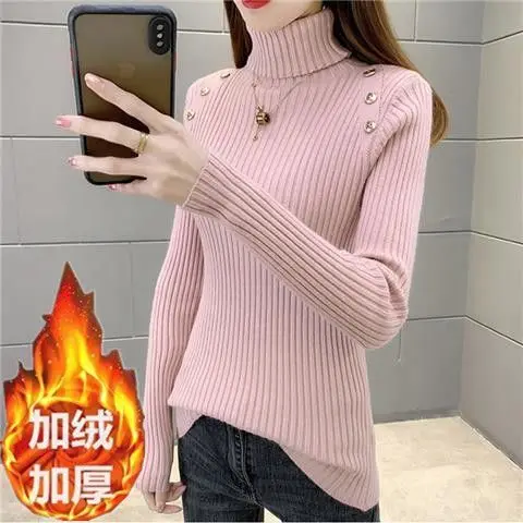 High Neck Sweater Women\'s Button Knit Sweater Bottom Layerin Ner Layer 2024 Autumn Winter New Style Slim Fit Black Thick Stylish