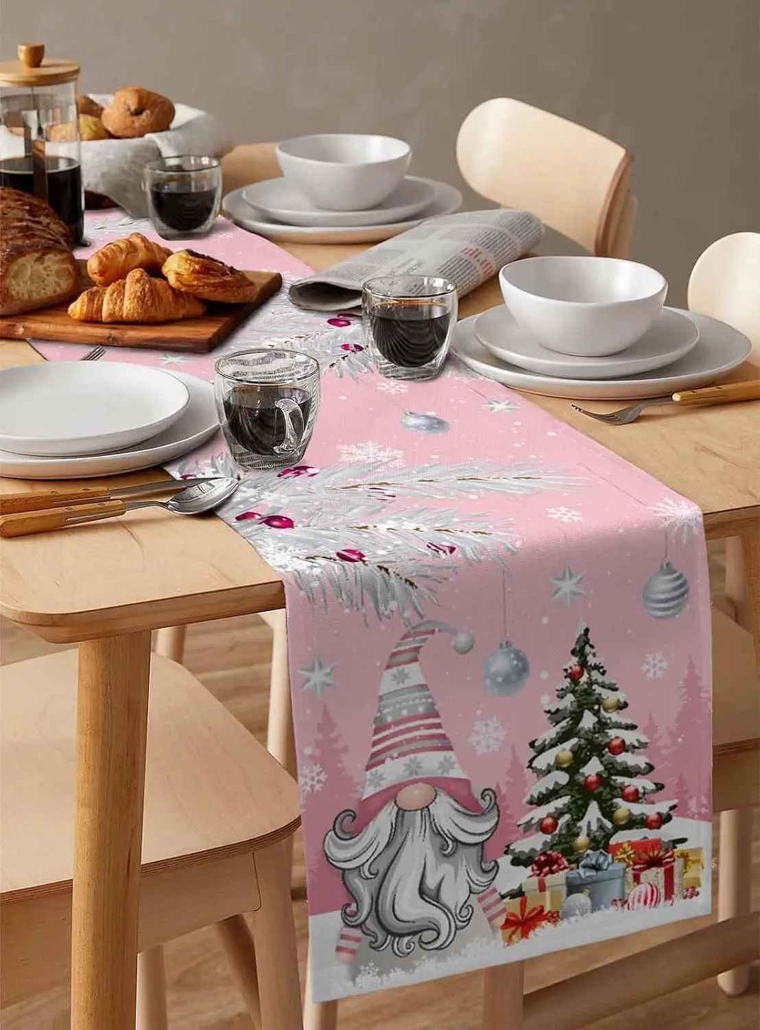 Christmas Gnomes Snowflake Linen Table Runner Party Decor Reusable Xmas Tree Kitchen Dining Table Runner Christmas Decoration
