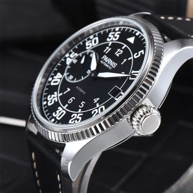 Fashion Parnis 45mm Black Dial Automatic Watch Man Power Reserve Mechanical Watches Leather Waterproof Watch Men relojes Hombre