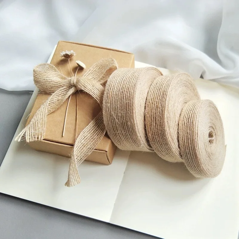 10M Linen Burlap Fabric Ribbon Macrame Craft Linen Webbing For Wedding Decoration Gifts Box Bouquet Bow Packaging Stuff