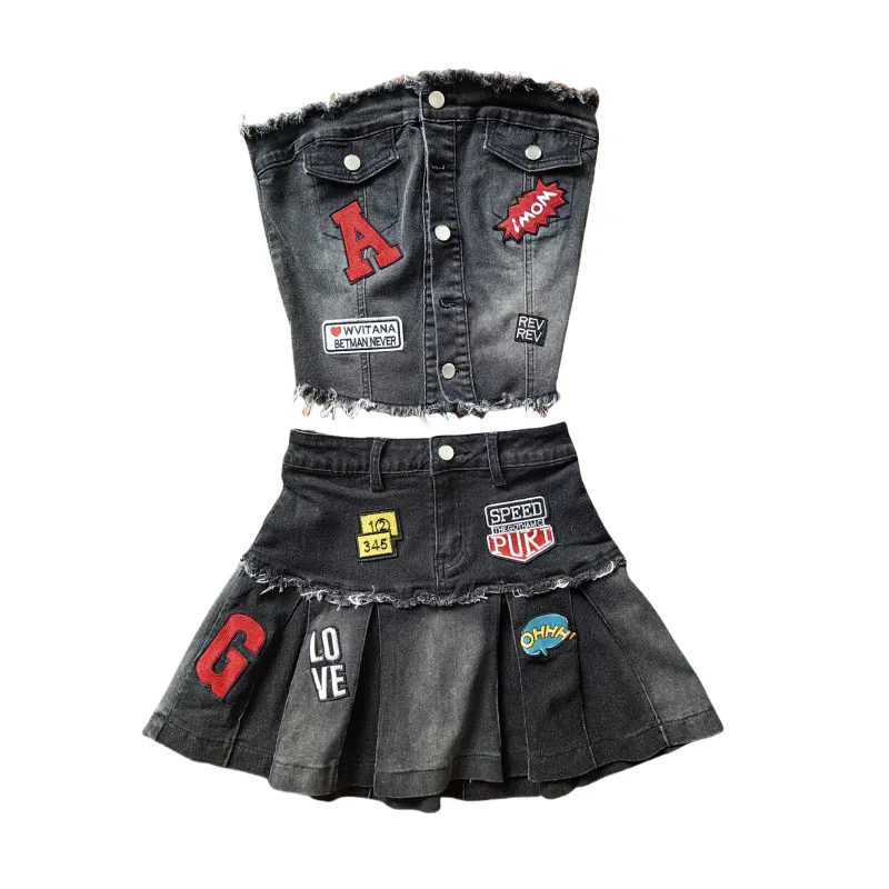 

Sexy Denim Jean 2 Piece Skirt Sets Summer Outfits Y2K Streetwear Crop Tops Denim Fashion Two Piece Skirt Set
