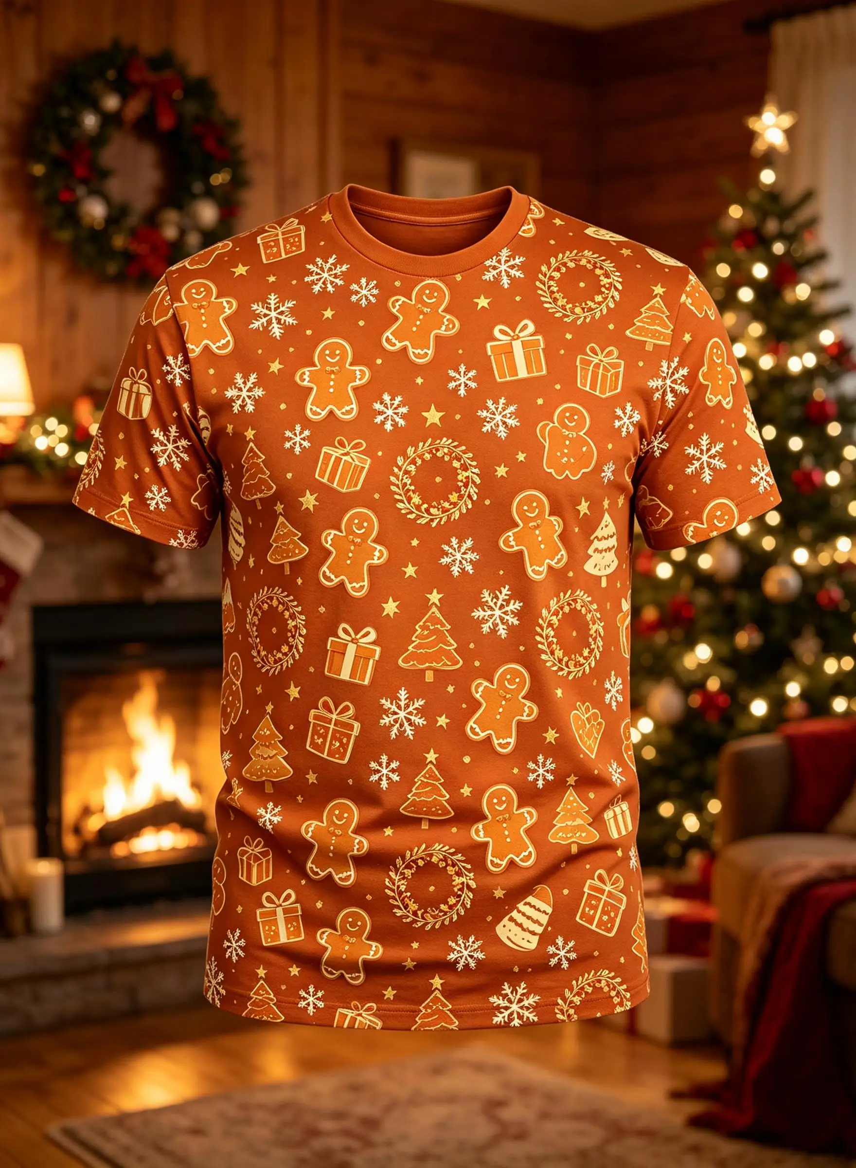 Men Crew Neck Short Sleeve T-shirt, Red Gold Christmas Tree Snowflake Print Holiday Casual Tee