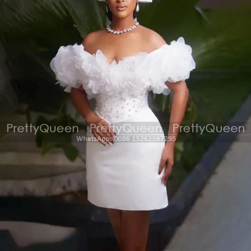 

Sheath Short Prom Dresses Ruffles Off Shoulder Beaded Customized Plus Size Women White Satin Mini Masquerade Dress Party