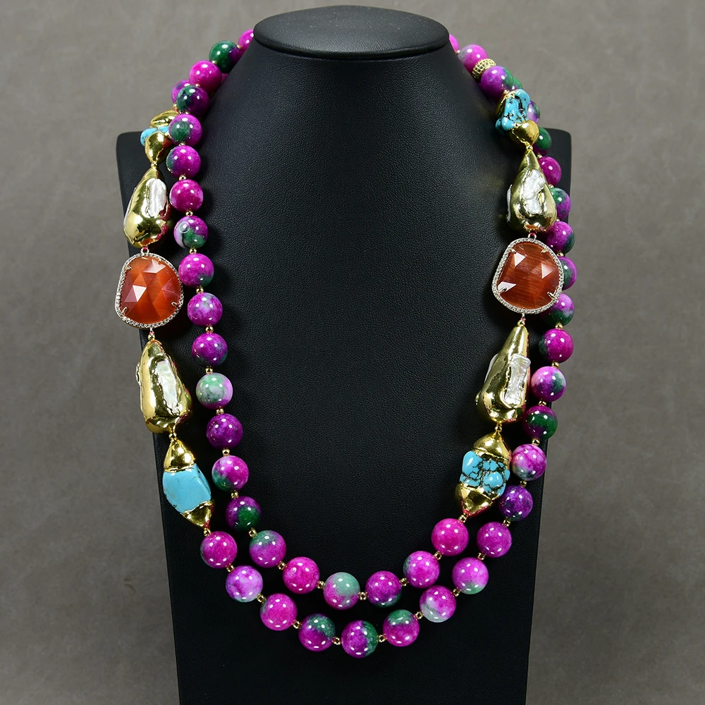 G-G 2 Rows Mix Color Fuchsia Green Jade Cultured White Biwa Pearl CZ Paved Crystal Turquoise Necklace Bracelet Sets Women Gifts