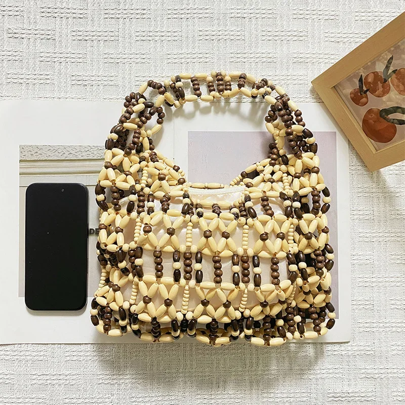 Small Niche Design Women's Bag New Casual Versatile Handmade Wooden Bead Hollow Weaving Vacation Beach Retro Handbag Wholesale