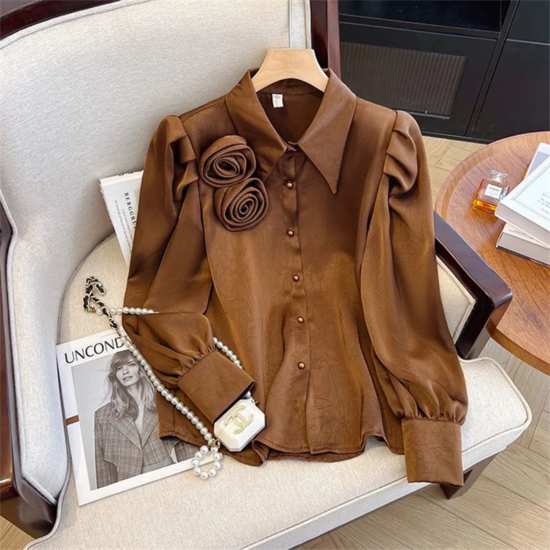 Vertical Collar Flower V-Neck Shirt Female Spring Long Sleeve Bubble Wind Cardigan Satin Lapel Solid Color Fashion Joker Top