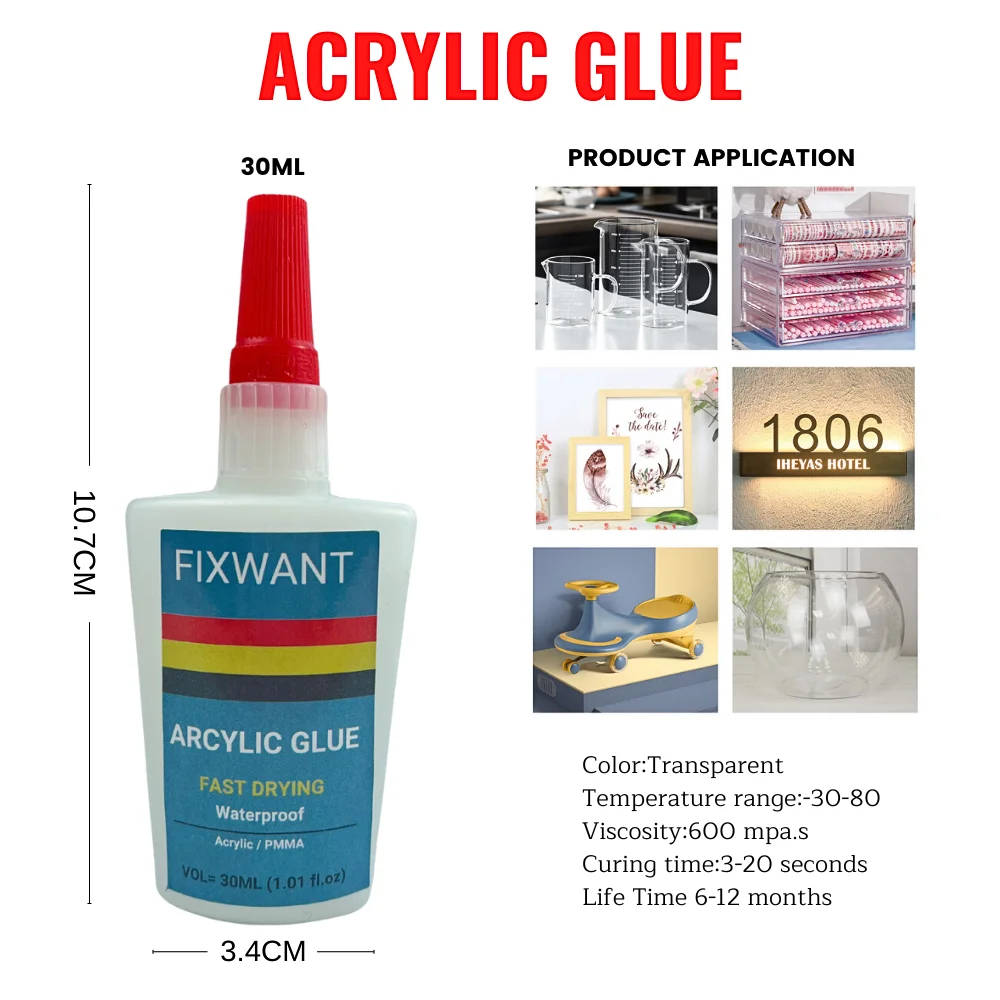 30ML FIXWANT Transparent Strong Instant Acrylic Glue PMMA Adhesive ABS  Plexiglass PVC Plastic PP PC Waterproof Fast Drying Glue