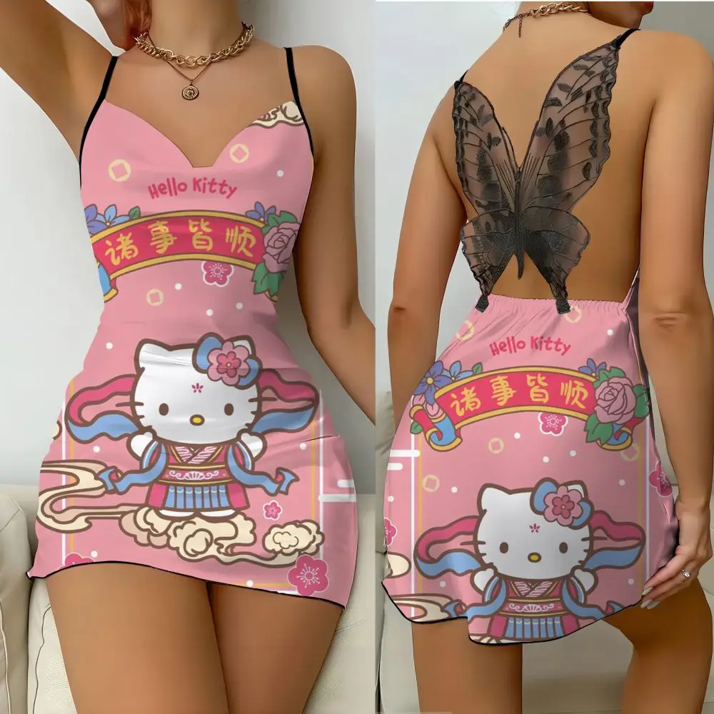 

Женская мини-юбка, Hello Kitty из Sanrio, Милая Ночная рубашка с открытыми плечами, салатная кружевная ночная рубашка с бантом, уникальное платье, с V-образным вырезом, 2024