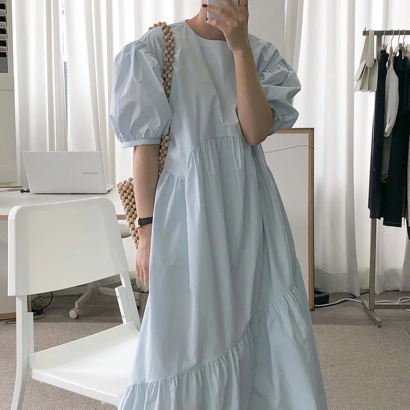 Vestido Longo Estilo Coreano com Design em Camadas E, Ajuste Confortável, Cor Pura, Gola Redonda, Manga Bufante Solta ...