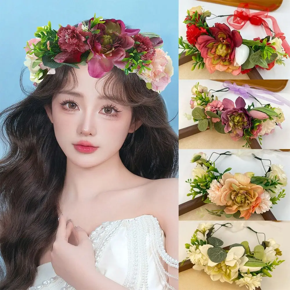

Bohemian Festival Wedding Flower Crown Photo Props Rose Flower Headband Green Leaf Floral Headpiece Spring