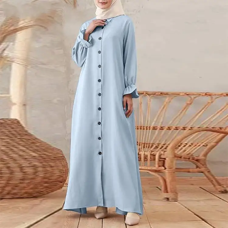 Muslim Fashion Abaya Vintage Button Cardigan Solid Color Elegant Round Neck Swing Dress Muslim Ladies Wear Dresses