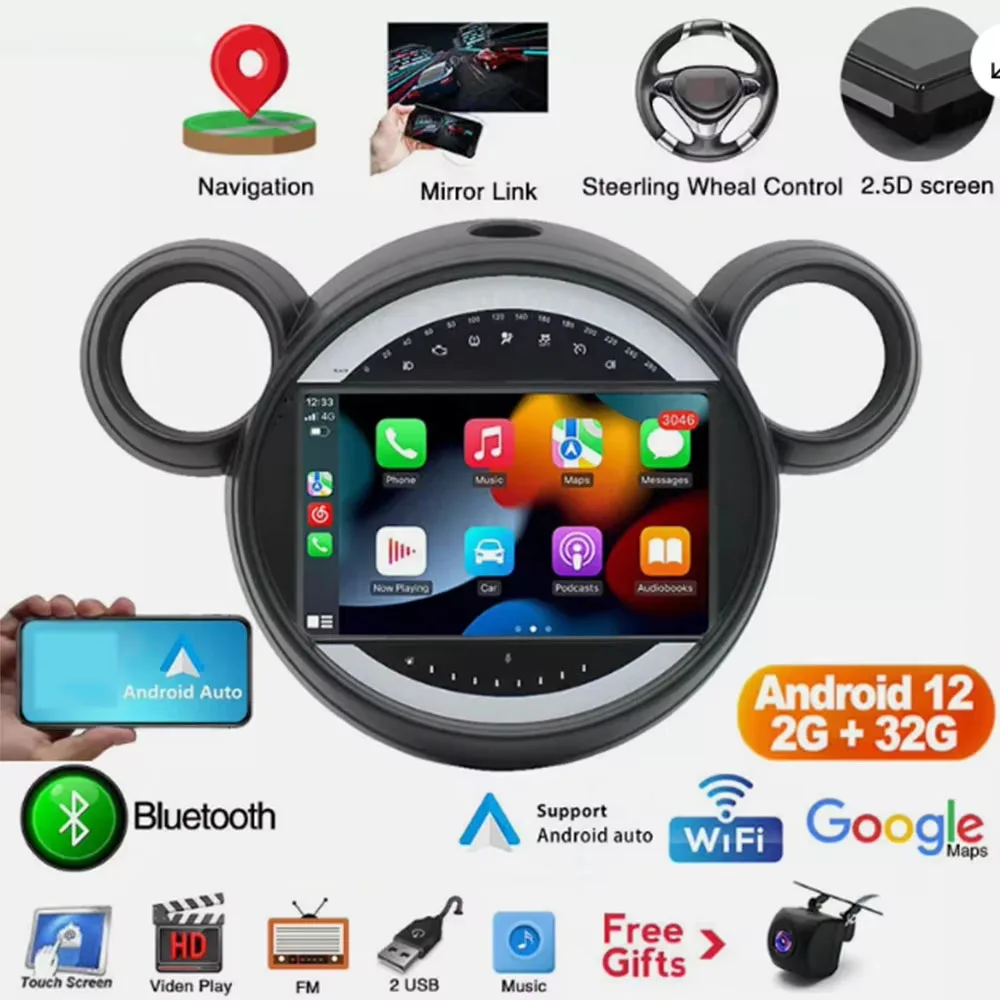 2+32G Android13 Autoradio für Mini Cooper 2011-2016 passend für CarPlay Android Auto 9 Zoll GPS WiFi Bluetooth FM/RDS Split Screen+AHD