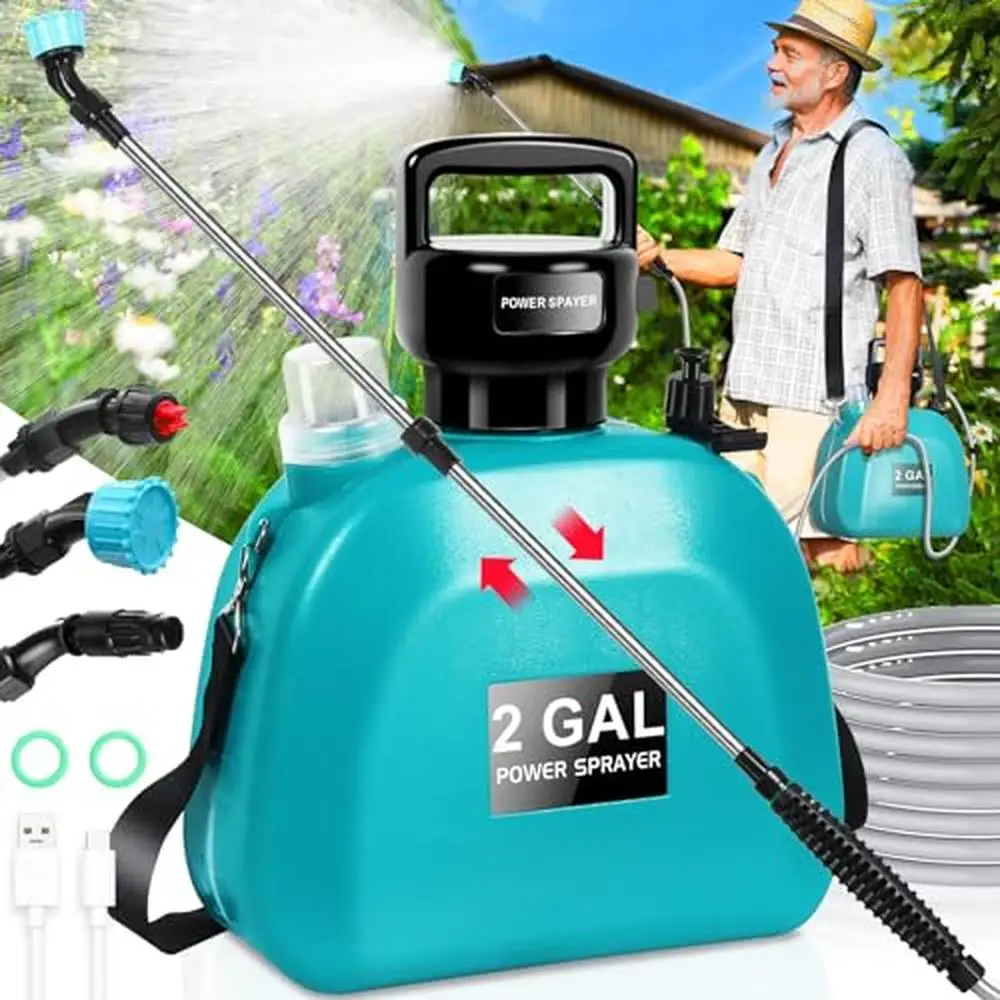 Electric Backpack Sprayer 2 Gallon Extended Nozzle 5 Spray Modes Long Battery Life Ergonomic Handle Wide Opening Quick Filling