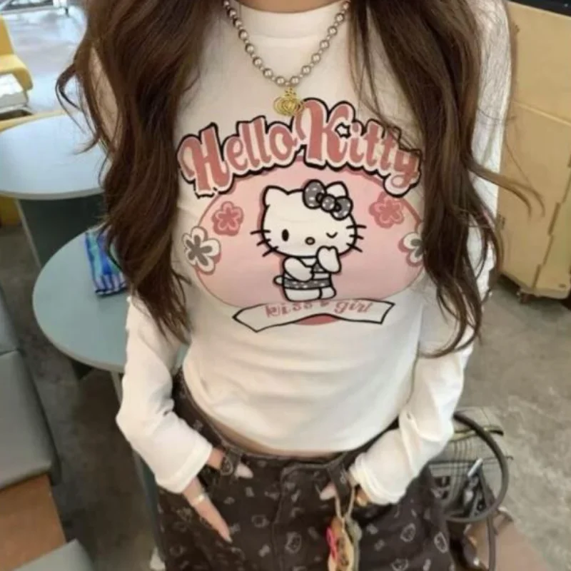 

Sanrio Hello Kitty women's T-shirt coat tops Long Sleeve Cotton Spring Autumn New Stylish Regular Shoulder Print Casual Top
