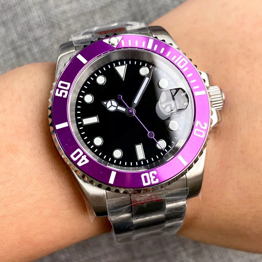 Waterproof 20Bar NH35A Mechanical Men Watch Purple Hand Nologo Black Dial Business Steel Diving Clock Luminous