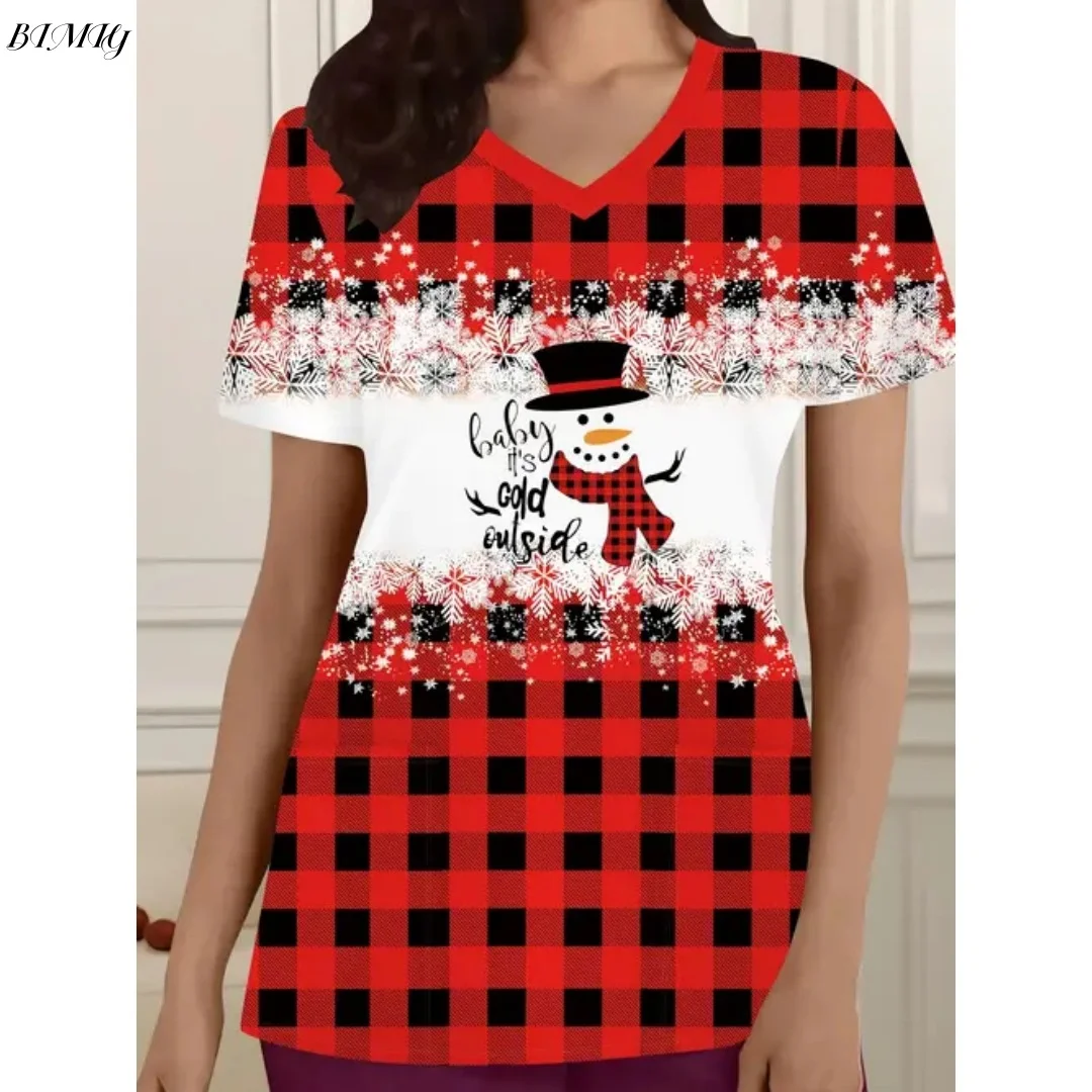 축제 크리스마스 못생긴 산타클로스 프린트 포켓이 있는 브이넥 탑 편안한 여성 간호사 유니폼, 반팔 여성 의류