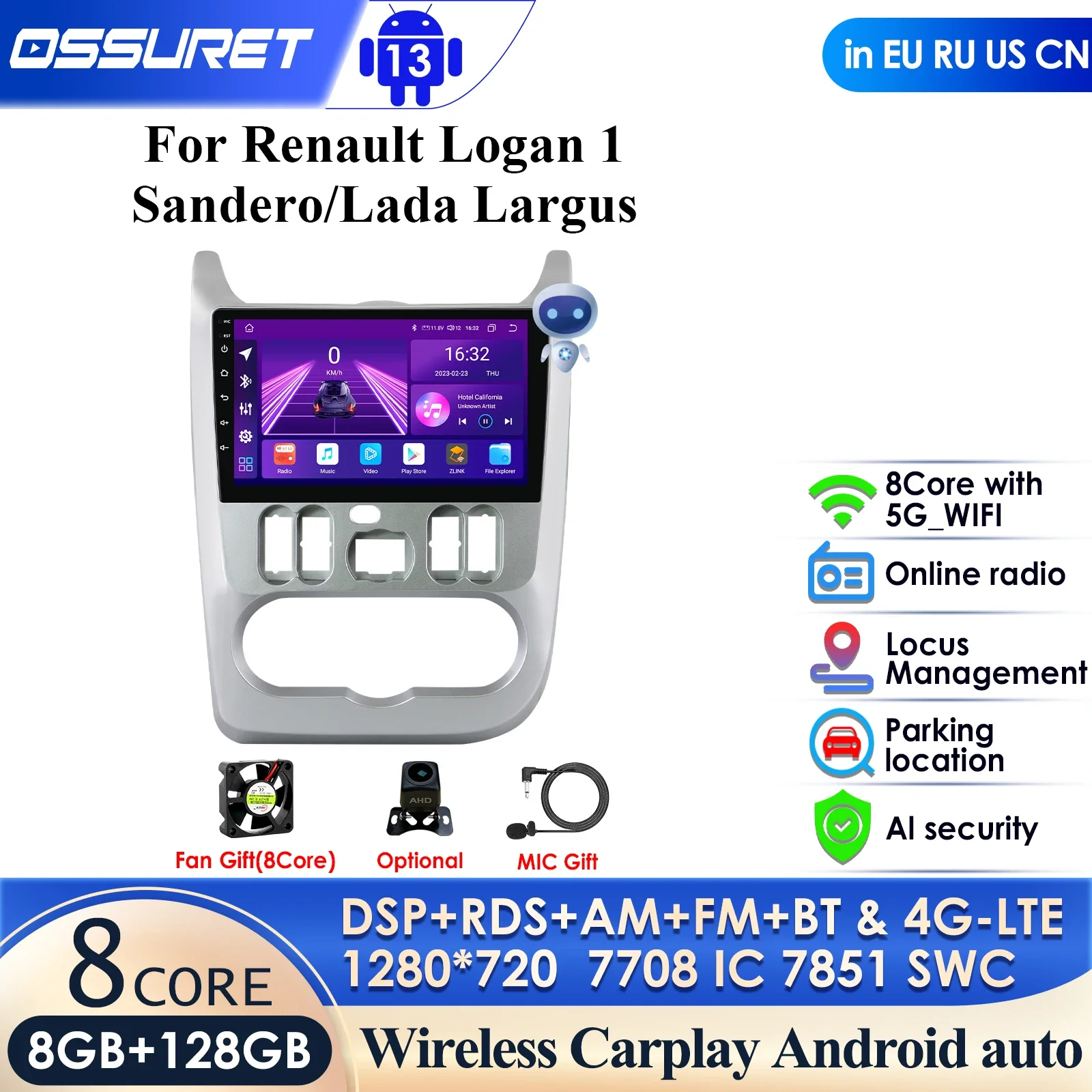 

Автомобильный радиоприемник Carplay 4G 2 Din Android 13 для Renault Logan I 2009-2015 Renault Sandero для Lada Largus 2012-2020 Видео GPS DSP