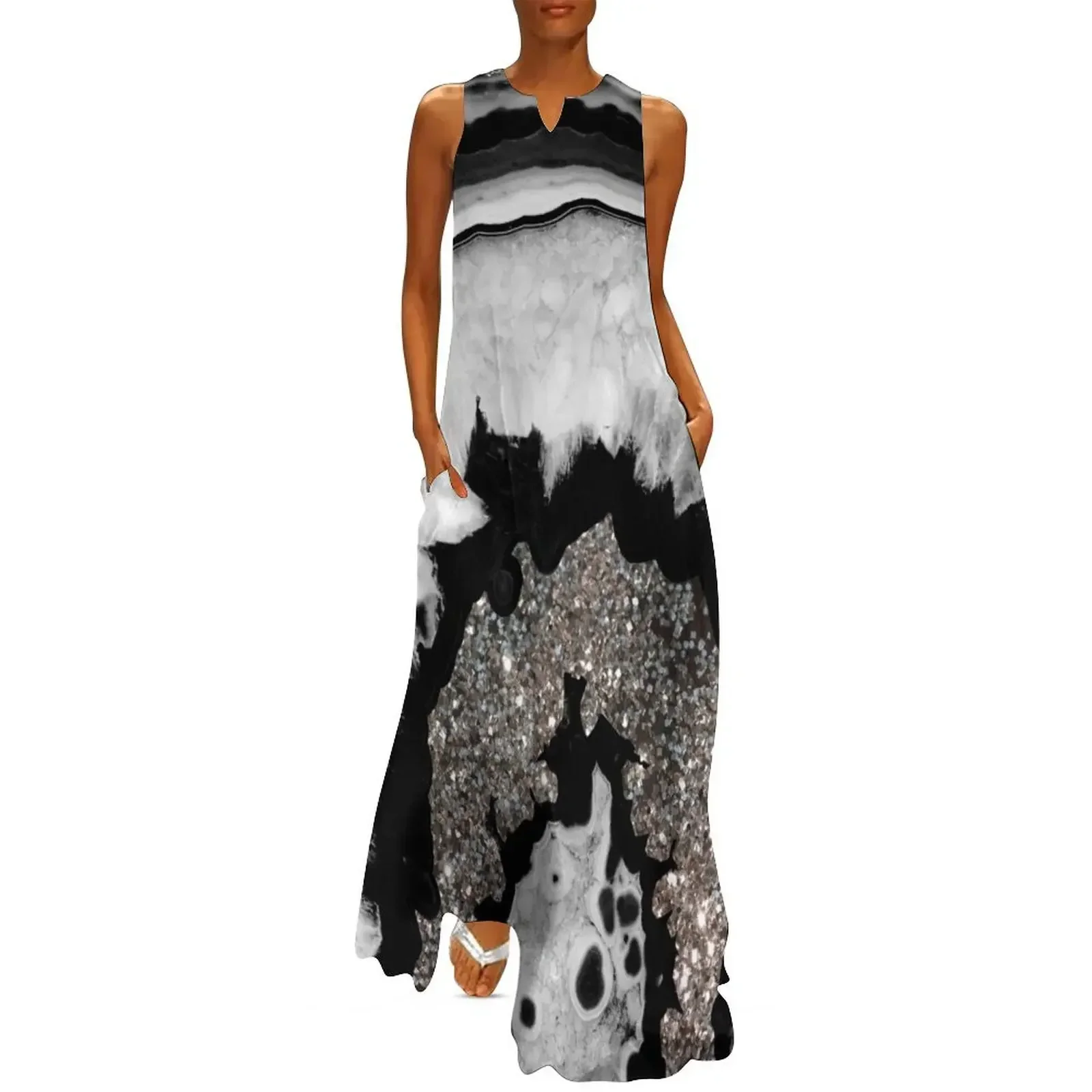 

Gray Black White Agate with Silver Glitter #1 (Faux Glitter) #gem #decor #art Long Dress dress Dress