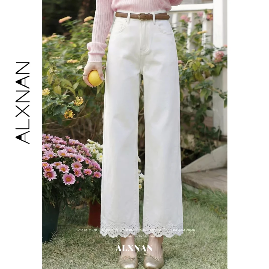 

ALXNAN Off-white Jeans Wide-leg Straight Baggy Denim Pants Cotton 100% Lace Trim At Cuffs Elegant Fashion Women Clothing L62879A